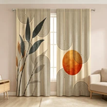 2pcs Wabi-Sabi Style Abstract Curtains, Sun And Black Line Arc, Dark Green Plant Leaf Pattern, 2D Flat Print Design, Translucent, Bedroom Living Room Study Universal Artistic Atmosphere Curtains, Curtains Only, Accessories Not Included - Multicolor - View 9
