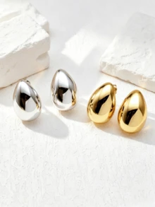2pairs New Design Tear Drop Shaped Small Size Gold & Silver Color Earrings Set For Women, Suitable For Party, Gift - Teardrop - View 5