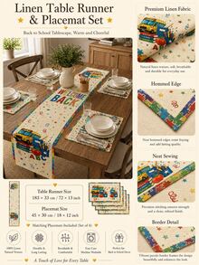 1 pieza - Juego de camino de mesa y manteles individuales de vuelta al colegio, decoración de mesa de comedor de lino con autobús escolar, letras ABC, libros, manzana y borde colorido para aula, fiesta de maestros y cocina - Multicolor - Ver 2