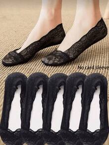 5/10 Pairs Women's Summer Lace Wavy Pattern Invisible Boat Socks, Sweat-Absorbing & Moisture-Wicking, Invisible Anti-Slip, Suitable - Black - View 2