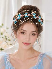 1pc Bohemian Vintage Fairy Tale Style Blue & Pink Floral Pearl Tiara, Bridal Wedding Accessory, Girly Wedding Dress Headpiece - Blue - View 1