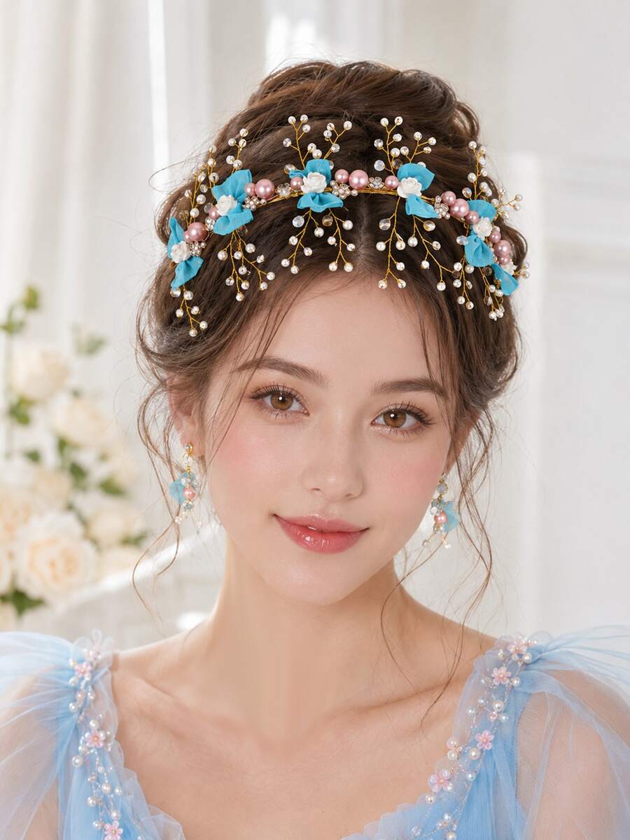 1pc Bohemian Vintage Fairy Tale Style Blue & Pink Floral Pearl Tiara, Bridal Wedding Accessory, Girly Wedding Dress Headpiece - Blue - View 1