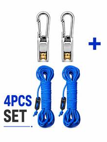 4pcs/Set 3 Meters Adjustable Rope Hook Set With Roller Tensioner And Lock, Pulley Rope System, 66.14lbs Load Capacity, Includes 2 Metal Hooks And 2 Nylon Ropes, Suitable For Camping Tents, Awnings, Clotheslines, Outdoor Gear, Campsite Setup, BBQ, Picnic, Road Trip - Multicolor - View 1