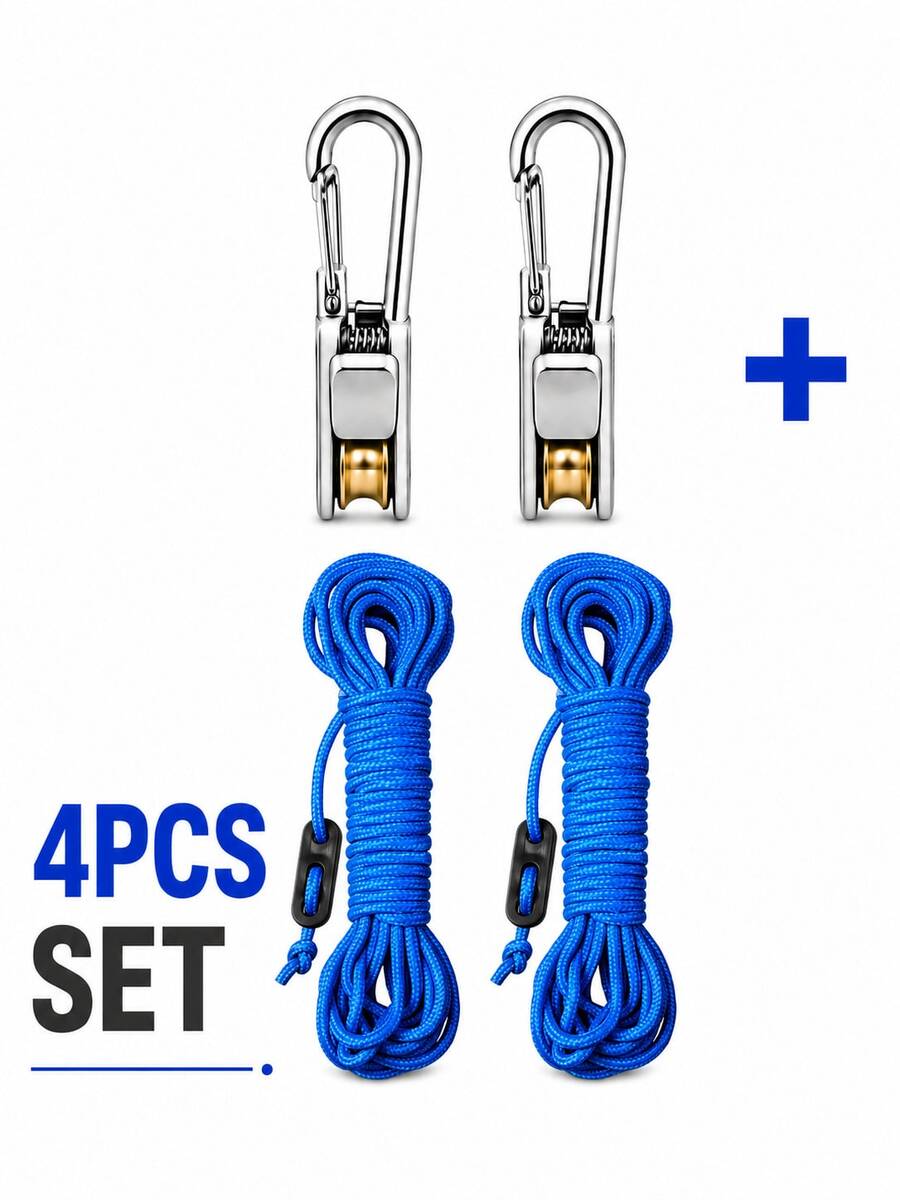 4pcs/Set 3 Meters Adjustable Rope Hook Set With Roller Tensioner And Lock, Pulley Rope System, 66.14lbs Load Capacity, Includes 2 Metal Hooks And 2 Nylon Ropes, Suitable For Camping Tents, Awnings, Clotheslines, Outdoor Gear, Campsite Setup, BBQ, Picnic, Road Trip - Multicolor - View 1