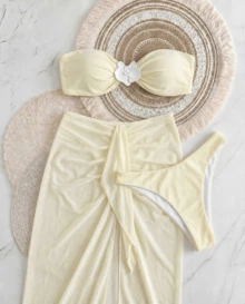 Traje de baño de 3 piezas amarillo crema para mujer de verano, vestido maxi con abertura de gasa, estilo de vacaciones, moda romántica para fiesta y vacaciones - Amarillo claro - View 4