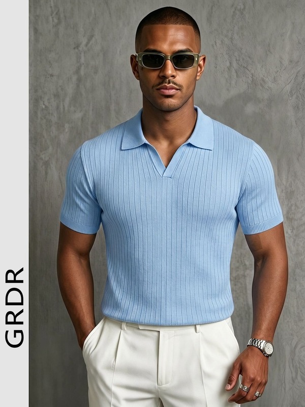 GRDR Men's Summer Solid Color Polo Collar Short Sleeve Knit Sweater, Suitable For Summer Outings, Essential For Fashionable Styling
