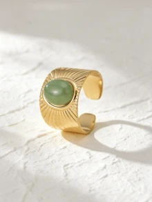 1 st Fashionabla 14k guldpläterade rostfria stål barockstil natursten dekorerad öppen ring lämplig för kvinnors dagliga klädsel, present - Mint Grön - Visa 1