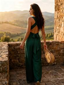 Halter V-Neck Wide Leg Jumpsuit, Jumpsuits For Woman,Elegant Backless Tie Waist Linen Jumpsuit For Wedding Guest, Summer Party & Cocktail - Green - View 6