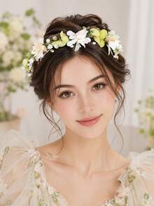 1pc Vintage Elegant Spring White & Green Floral Wreath, Wedding Bridal Accessory, Soft Light Photography Ethereal Accessory - Yellowish-white - View 1