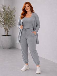 Plus Size 3-Piece Woolen Set: Cardigan, Tank Top, Pants - Simple, Casual, And Elegant - 中灰色 - 查看 2