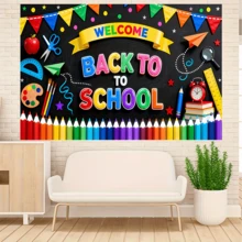 1pc Back To School Theme Banner, Colorful Pencil & Star Design, Classroom Office Wall Decor, Home Party Banner, Photography Backdrop, First Day Of School Photo Booth Prop, School Party Supplies - A - View 4