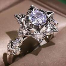 1pc Elegant Hollow Lotus Design Couple Ring For Women, Flower & Leaf With Cubic Zirconia, Suitable For Daily Wear, Commuting, Party, Gift Jewelry - White - View 7