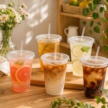 10個透明飲料杯附蓋子與吸管，適用於冰咖啡、果汁、檸檬水、奶昔及各種冷飲，適合生日派對、主題活動、咖啡店、小吃攤 - 無色 - 查看 4
