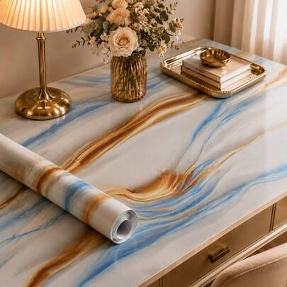 1 Roll Blue Gilt Luxury Marble Peel And Stick Wallpaper, Fashionable Wavy Texture, Waterproof Self-Adhesive Detachable Wall Paper, Used For Bedroom, Living Room, Kitchen, Bathroom Wall Decor, Countertops, Cabinets, Home Decor, Desktop Stickers