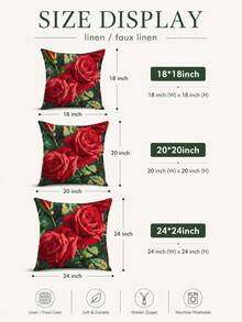 1pc Red Rose Linen Pillow Cover Only, Floral Decorative Cushion Case For Sofa Bedroom Living Room, 18x18/20x20/24x24 Inch Optional - 彩色 - 查看 3