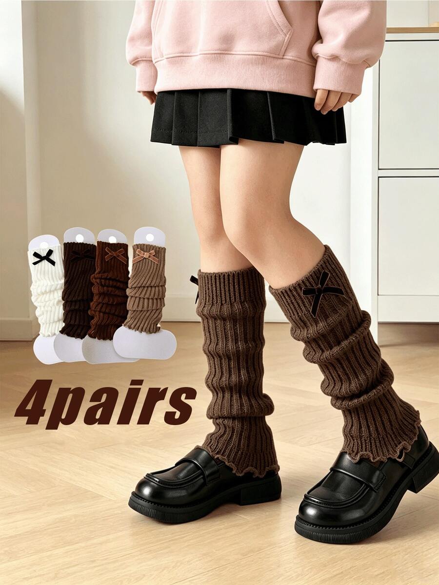4 Pairs Girls Bow Knot Ribbed Knit Leg Warmers, Slouchy Leggings, Versatile Decorative Leg Warmers For Spring And Autumn - Multicolor - View 1