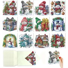12pcs Diamond Painting Greeting Card Kit, Christmas Snowman, House, Gift Box Patterns, Paper Material, Inlaid Round And Irregular Crystal Gemstone Decorations, Perfect For Writing Blessings, Christmas Holiday Party Gifts - Multicolor - View 2