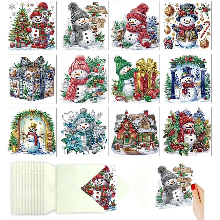 12pcs Diamond Painting Greeting Card Kit, Christmas Snowman, House, Gift Box Patterns, Paper Material, Inlaid Round And Irregular Crystal Gemstone Decorations, Perfect For Writing Blessings, Christmas Holiday Party Gifts