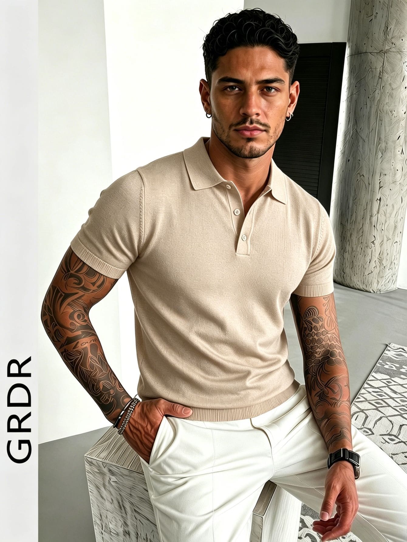 GRDR Men's Fashion Button Half-Placket Minimalist Short Sleeve Knit Sweater