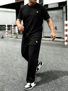 1套男士寬鬆休閒運動T恤與直筒長褲，純色條紋，適合戶外、通勤、度假、運動、健身、慢跑、徒步、訓練 - 黑色 - 查看 4