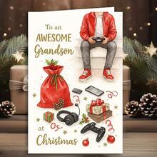 1pc Awesome Grandson Christmas Card With Gaming Additions And Gifts Illustration, Perfect For Holiday Gifts, Unique Festive Design For Grandsons - Red Pearlescent Envelope + Greeting Card - View 7