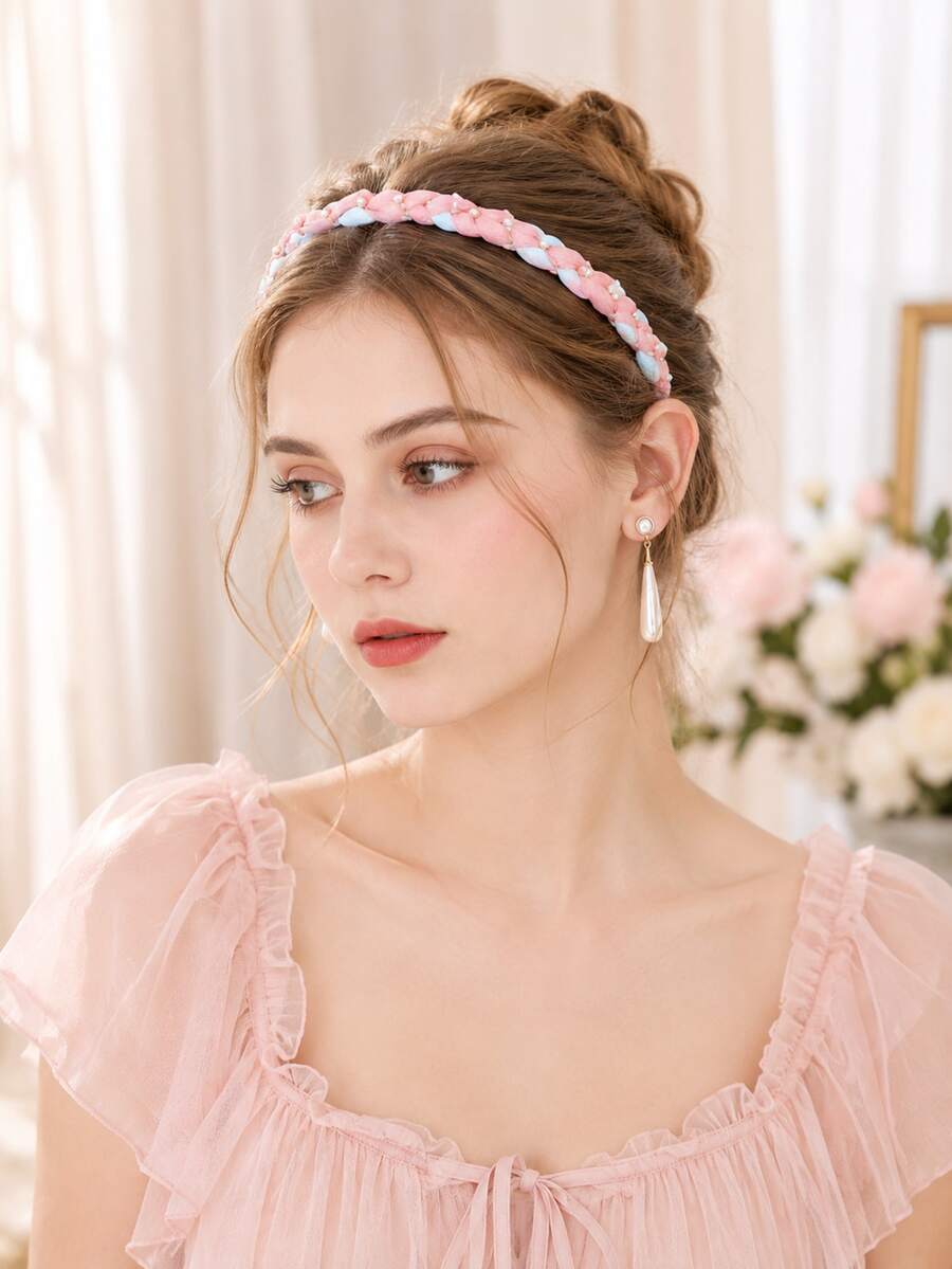 1pc Bohemian Vintage Mori Style Pink & Blue Braided Headband, Wedding Bridal Accessory, Light Pink Soft Glow Ethereal Photography Accessory - Pink - View 1