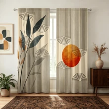 2pcs Wabi-Sabi Style Abstract Curtains, Sun And Black Line Arc, Dark Green Plant Leaf Pattern, 2D Flat Print Design, Translucent, Bedroom Living Room Study Universal Artistic Atmosphere Curtains, Curtains Only, Accessories Not Included - Multicolor - View 6