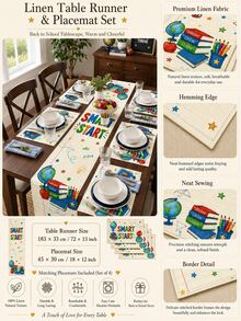 1pc-Back To School Table Runner And Placemats Set, Beige Smart Start Linen Dining Decor With Books, Globe, Apple, Pencil And Paper Plane For Teacher Classroom, Study Room And Home Table - Multicolor - View 2