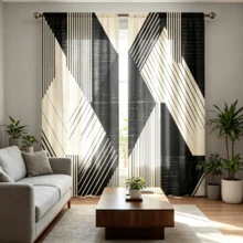 2 pièces Rideaux à lignes géométriques contrastées noir & beige, rideaux imprimés unilatéraux de style minimaliste moderne, rideaux à impression plate 2D, translucides, avec poche pour tringle, sans doublure, rideaux géométriques, décoration de fenêtre pour salon, chambre, bureau, rideaux uniquement, sans accessoires - Multicolore - Voir 9