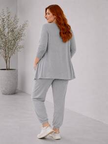 Plus Size 3-Piece Woolen Set: Cardigan, Tank Top, Pants - Simple, Casual, And Elegant - 中灰色 - 查看 3