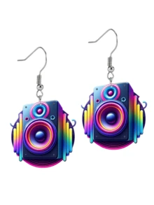 1 par de pendientes acrílicos con diseño 2D de guitarra y cinta de casete de colores - Estilo retro hip-hop, adecuados para festivales de música y fiestas, regalo perfecto para fans, pendientes novedosos - Multicolor - Ver 11