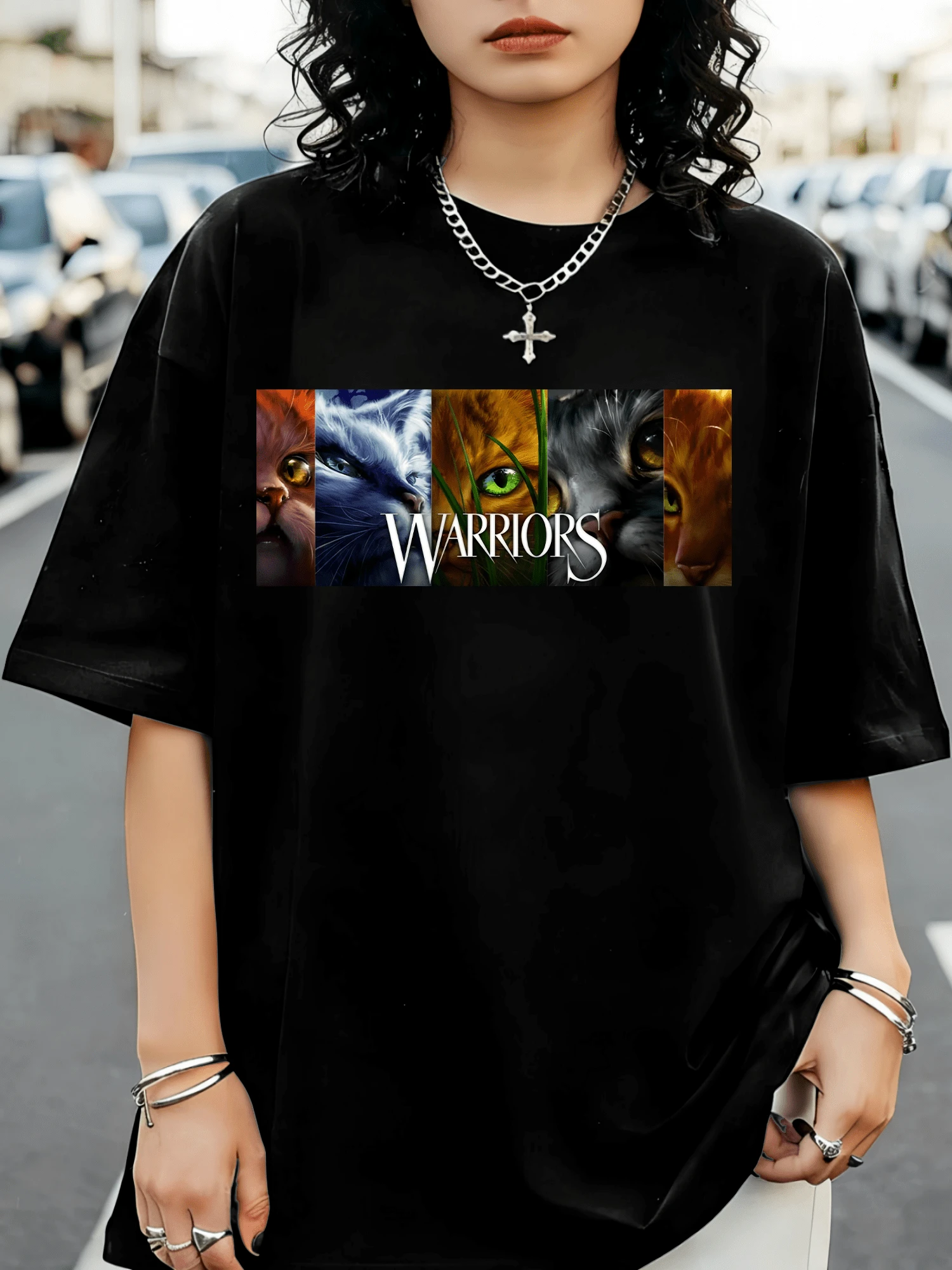Warriors Cats Book Series Fan Art Graphic T-Shirt - 黑色 - 查看 1