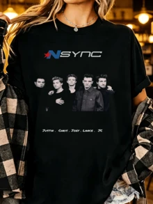 NSYNC Boy Band T-Shirt, Classic Star Logo Black White Group Portrait Justin Chris Joey Lance JC Name Print Unisex 90s Pop Fan Casual Short Sleeve Tee - 黑色 - 查看 1