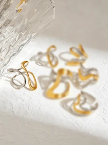 6件組不鏽鋼女用18K鍍金雙色工藝金個性化戒指，派對風禮物，Ins風，女用珠寶，金戒指，優雅戒指，精美禮物，撞色設計，女用金戒指，幾何設計，不對稱戒指，個性化設計戒指，防水珠寶 - 幾何設計 - 查看 14