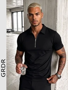GRDR Camiseta polo de manga corta con media cremallera para hombre, adecuada para uso casual al aire libre - Negro - Ver 4
