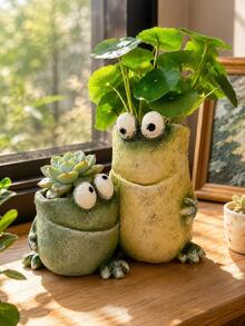 1pc Pastoral European Style Double Frog Funny Expression Flowerpot, Synthetic Resin Frog Planter Ornament, Cute Animal Pattern Garden Yard Home Decor, Detailed Freestanding Pot Decoration, 15.8cm*13cm, Valentine Easter Halloween Holiday Gift - A - View 5