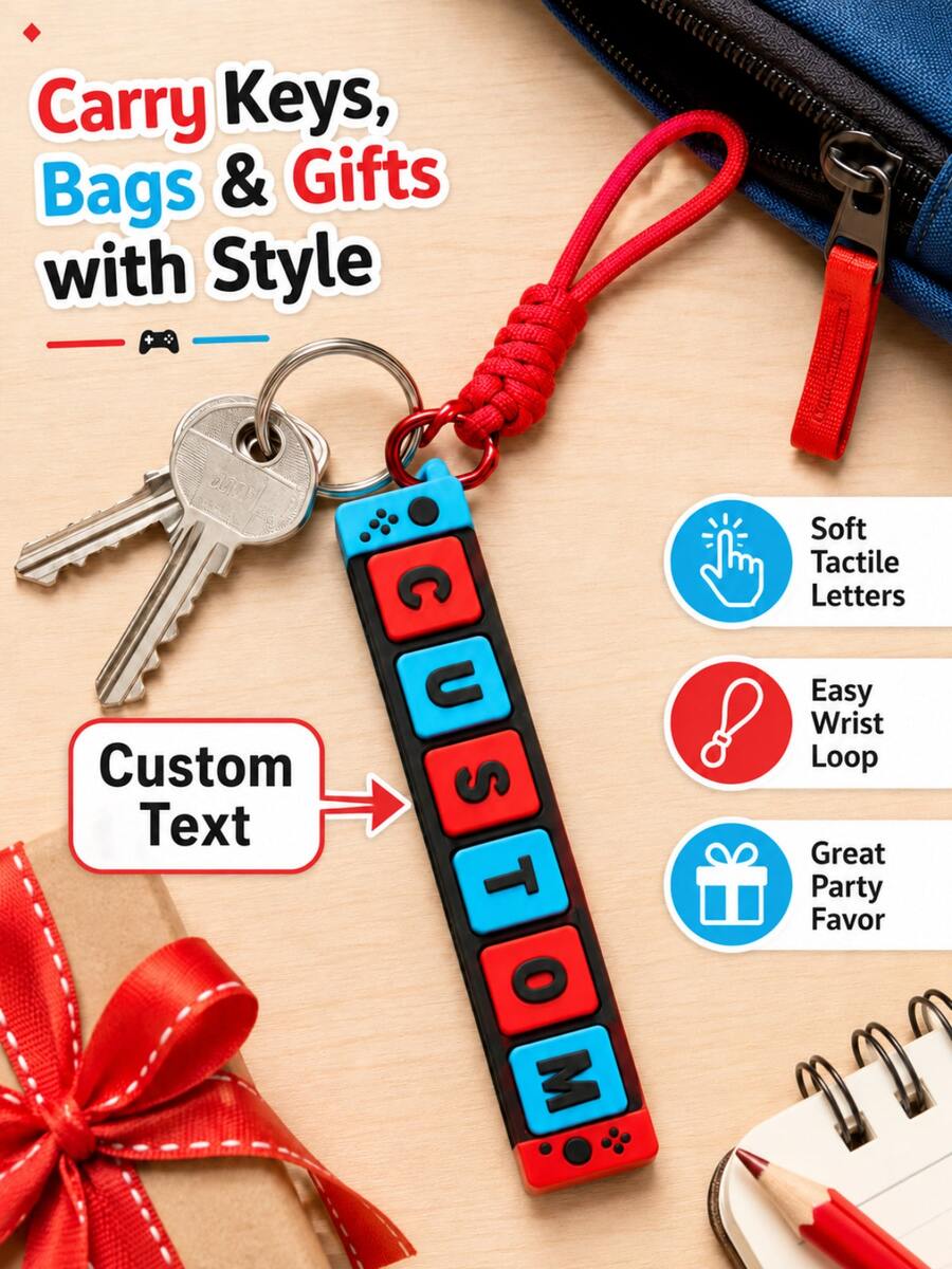 1pc Personalized PLA Game Controller Keychain, Red Blue Block Letter Custom Name Bag Tag With Wrist Loop For Birthday, Graduation, Travel Gift - Game Console - View 1