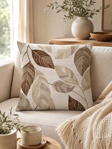 1pc Brown Beige Leaf Linen Pillow Cover Only, Botanical Throw Cushion Case For Sofa Bed Home Decor, 18x18/20x20/24x24 Inch Optional - 卡其色 - 查看 4