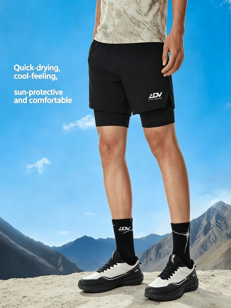 LI-NING Men's Quick Dry Sun-Protective 2-In-1 Shorts AKSW303, Breathable Anti-Chafe Outdoor Running Bottoms - Black - View 1