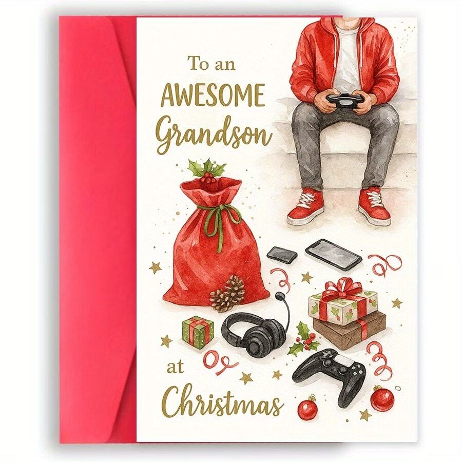 1pc Awesome Grandson Christmas Card With Gaming Additions And Gifts Illustration, Perfect For Holiday Gifts, Unique Festive Design For Grandsons
