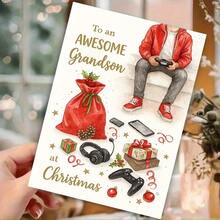 1pc Awesome Grandson Christmas Card With Gaming Additions And Gifts Illustration, Perfect For Holiday Gifts, Unique Festive Design For Grandsons - Red Pearlescent Envelope + Greeting Card - View 4