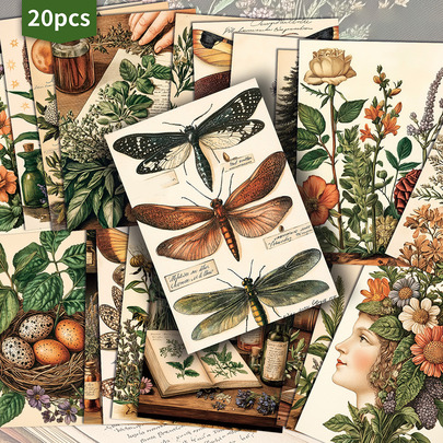 20-Pack Insects, Plants, Herbs, Medicine Gift Cards Retro Junk Journal Paper, Classic Pinup Illustrations, Collectible Decorative Painting Cards For Scrapbooking & Crafting