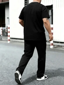 1套男士寬鬆休閒運動T恤與直筒長褲，純色條紋，適合戶外、通勤、度假、運動、健身、慢跑、徒步、訓練 - 黑色 - 查看 3