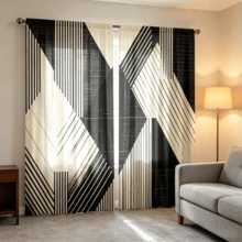 2 pièces Rideaux à lignes géométriques contrastées noir & beige, rideaux imprimés unilatéraux de style minimaliste moderne, rideaux à impression plate 2D, translucides, avec poche pour tringle, sans doublure, rideaux géométriques, décoration de fenêtre pour salon, chambre, bureau, rideaux uniquement, sans accessoires - Multicolore - Voir 10
