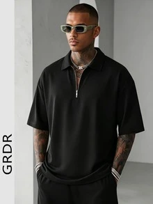 GRDR Men's Summer Half Zip Polo Shirt, Solid Color Classic Short Sleeve Suitable For Outdoor Casual Wear - Black - View 3