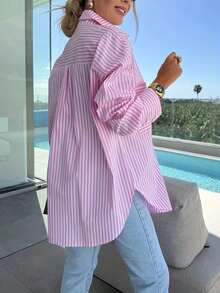 Plus Size Women Fashion Lapel Loose Long Sleeve Striped Casual Shirt Spring - Pink Stripes - View 5