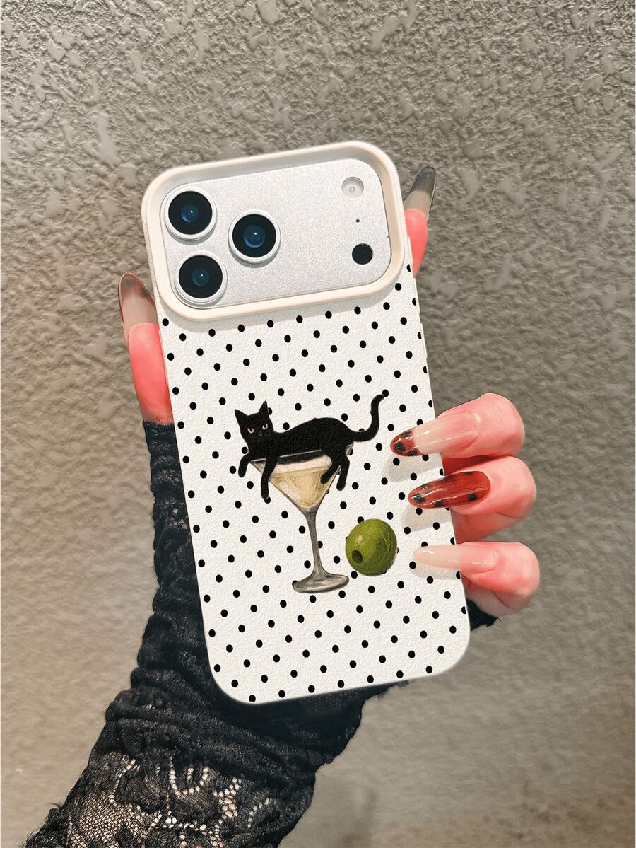 Artistic Style Cat Lying In Wine Glass Illustration Phone Case, Beige Faux Leather Texture Matte Soft Shell, Compatible With IPhone17, 17pro, 17pro Max, 16, 16plus, 16pro Max, 16e, 16pro, 15, 15plus, 15pro Max, 15pro, 14, 14plus, 14pro Max, 14pro, 13, 13pro, 13pro Max, 12, 12pro, 12pro Max - Multicolor - View 1