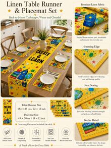 1 pieza - Juego de camino de mesa y manteles individuales de vuelta al colegio, decoración de mesa de lino amarillo Create & Learn con mochila, libros, pintura, lápices y manzana para fiesta temática de estudio para niños, aula y comedor de cocina - Multicolor - Ver 2