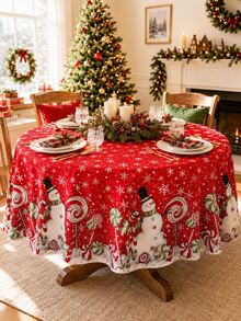 1 pieza - Mantel navideño rojo con patrón de muñeco de nieve, piruleta y copo de nieve, mantel universal impermeable redondo y rectangular, decoración de mesa para cena navideña en interiores, accesorio de decoración festiva para hogar, cocina y restaurante - Multicolor - Ver 16
