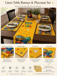 1pc-Back To School Table Runner And Placemats Set, Yellow School Bus Linen Table Decor With Books, Apple, Globe And Stars For Welcome Back Party, Teacher Classroom, Dining Room And Kitchen - Multicolor - View 2